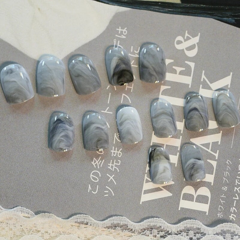 24 smokey blue marble Short Press On Nails kit glue on Gray Blue art rose quartz stone pink
