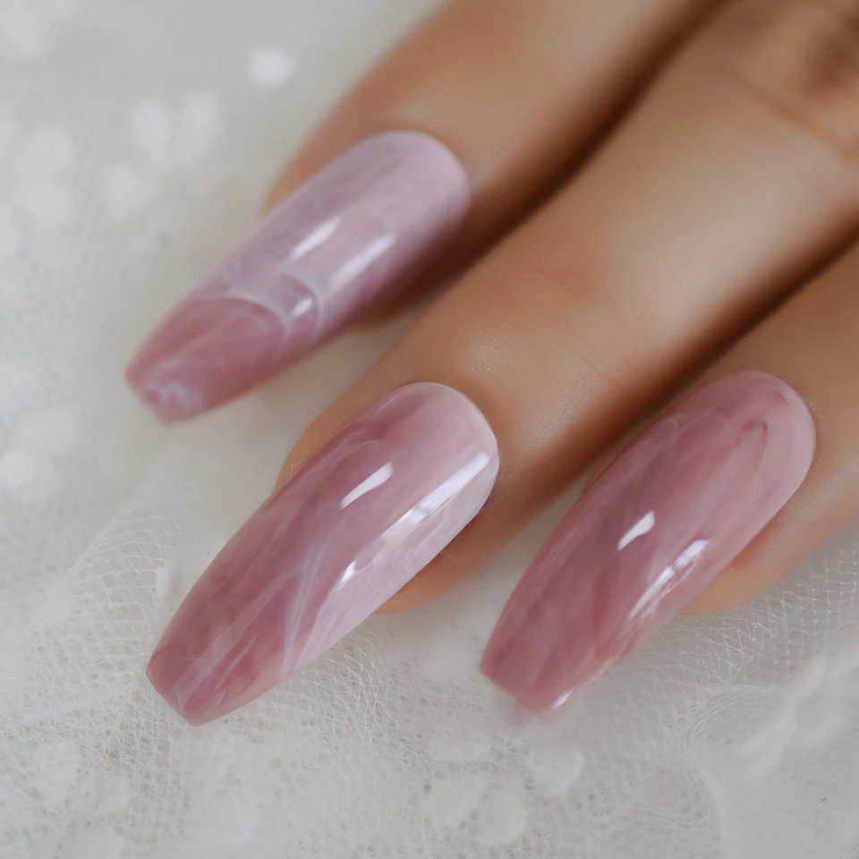 24 Rose Quartz Extra long coffin Press On Nails kit glue on pink art stone marble