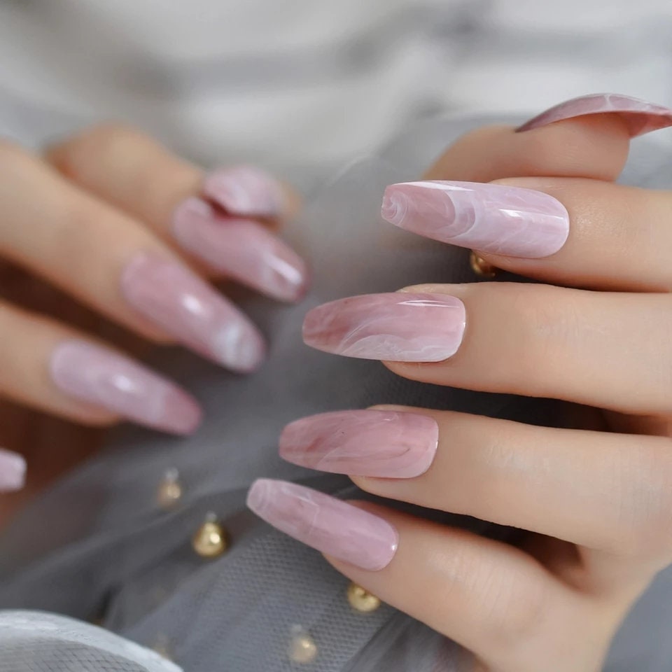 24 Rose Quartz Extra long coffin Press On Nails kit glue on pink art stone marble