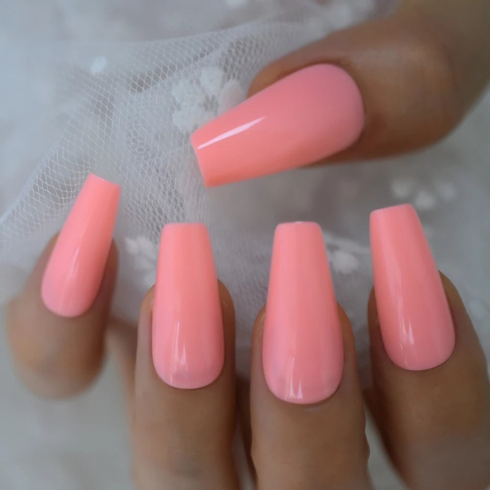 24 Peach Coffin Long  Press on nails glue on pink summer pretty