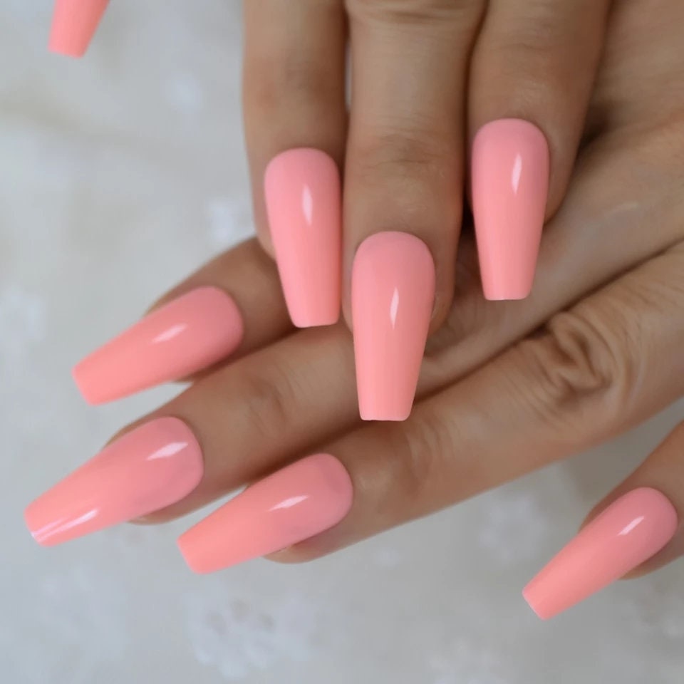 24 Peach Coffin Long  Press on nails glue on pink summer pretty