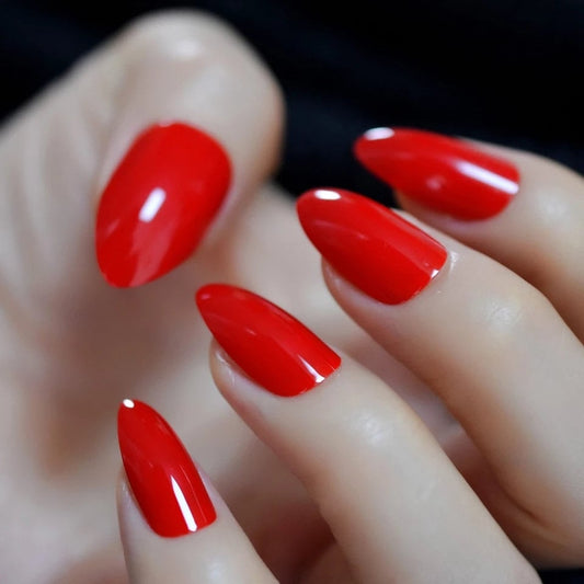 24 Red Medium Almond Press on nails glue on shiny bright classic