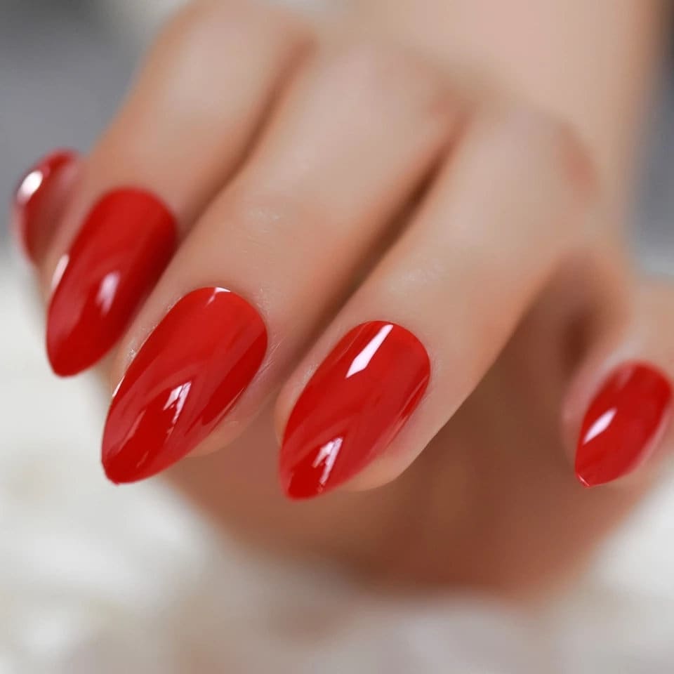 24 Red Medium Almond Press on nails glue on shiny bright classic