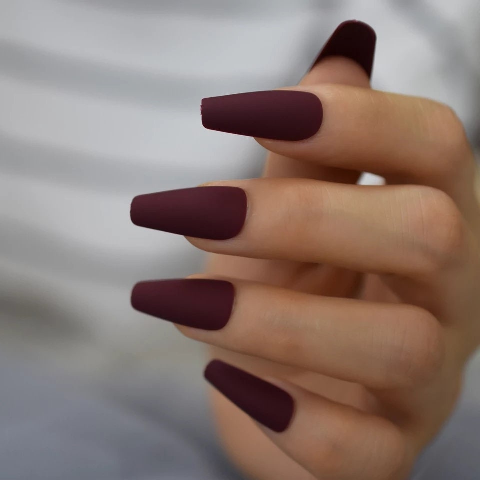 24 Matte Maroon Coffin Long Press on nails glue on dark red burgundy wine mulberry