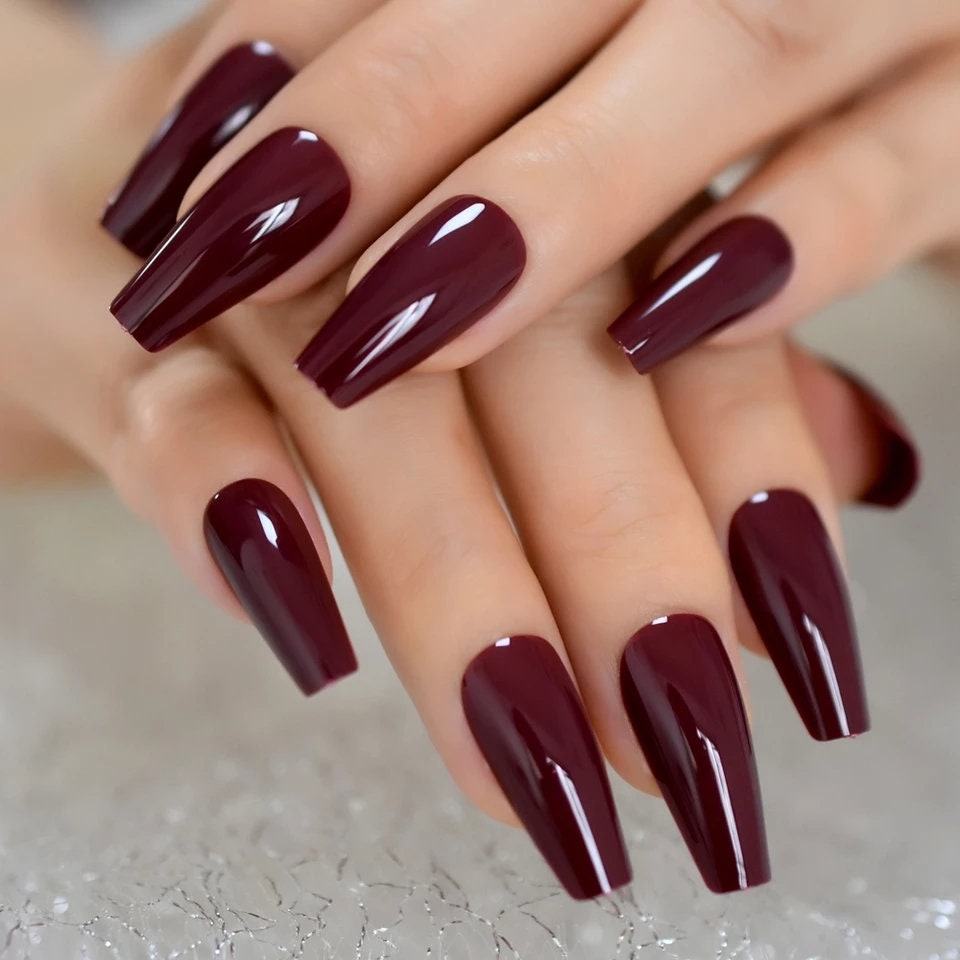 24 Glossy Wine Maroon Dark Red Long Coffin Press on nails glue on