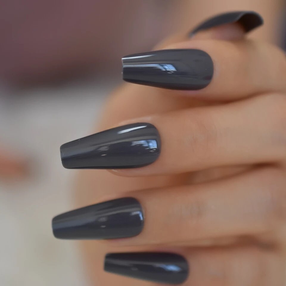 24 Dark Smokey Gray Glossy Long Coffin Press on nails glue on goth gothic edgy emo alt