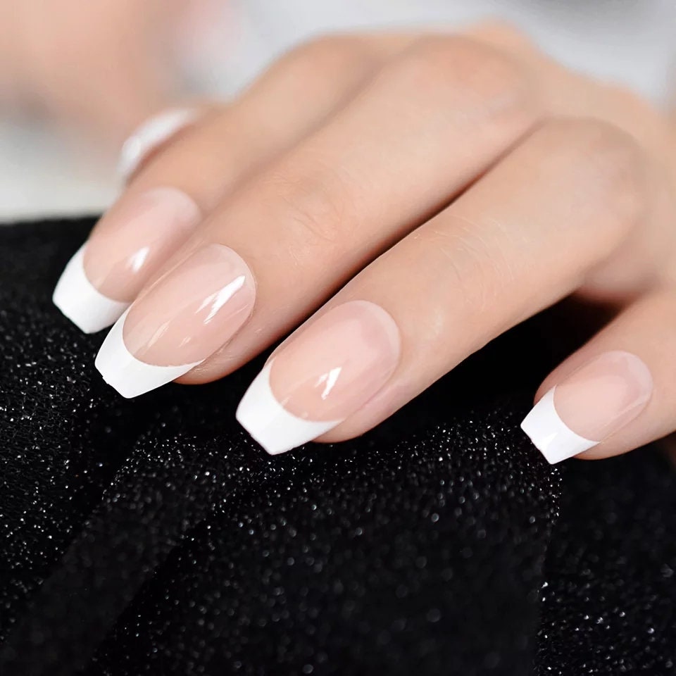 24 Medium French Manicure Nude White tip coffin press on Nails classic Glue on