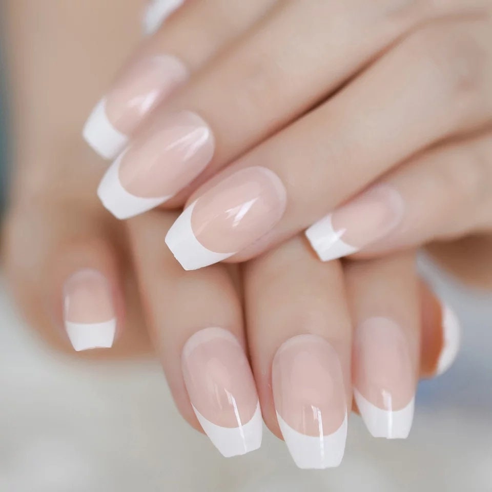 24 Medium French Manicure Nude White tip coffin Long press on Nails classic Glue on