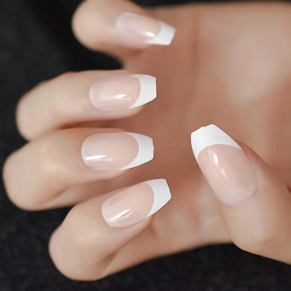 24 Medium French Manicure Nude White tip coffin press on Nails classic Glue on