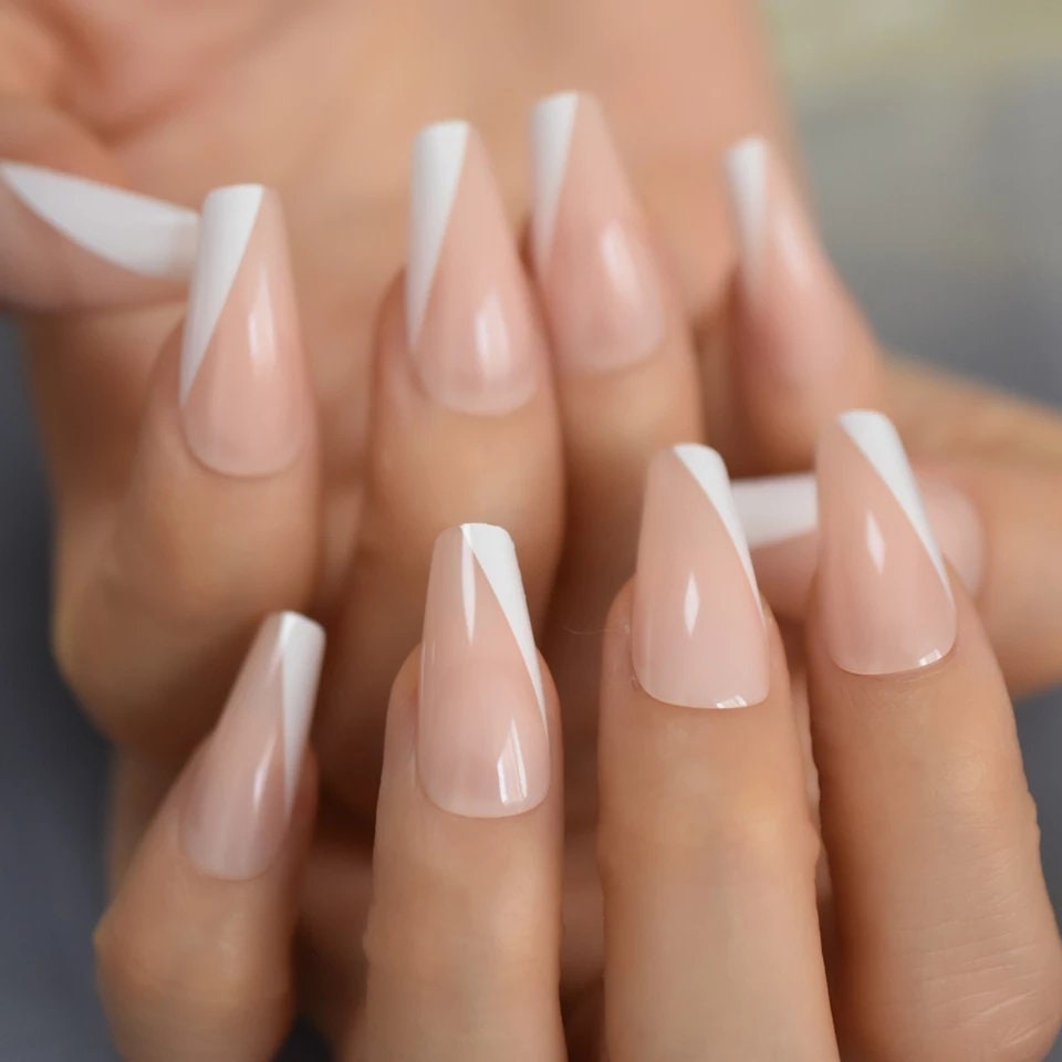 24 Angled French tip coffin Long press on nails glue on classic manicure