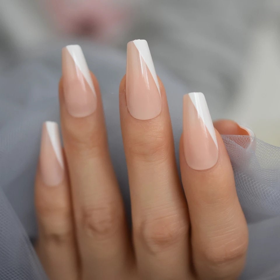 24 Long Angled French tip coffin nails glue on press on classic manicure