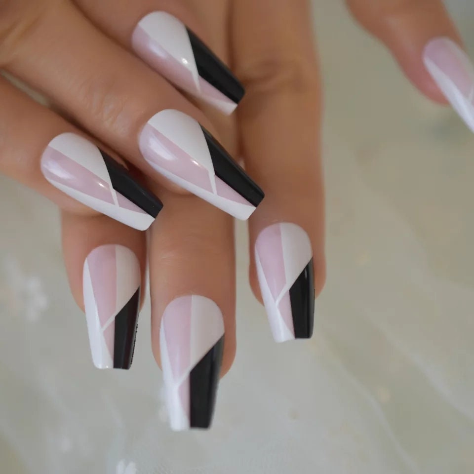 24 Pink Tuxedo Black White Design Coffin Long Press On nails Glue on 