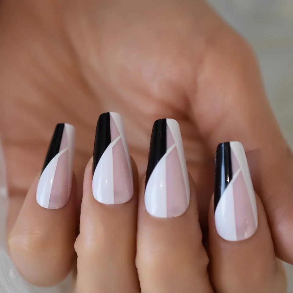 24 Pink Tuxedo Black White Design Press On nails Glue on Coffin long