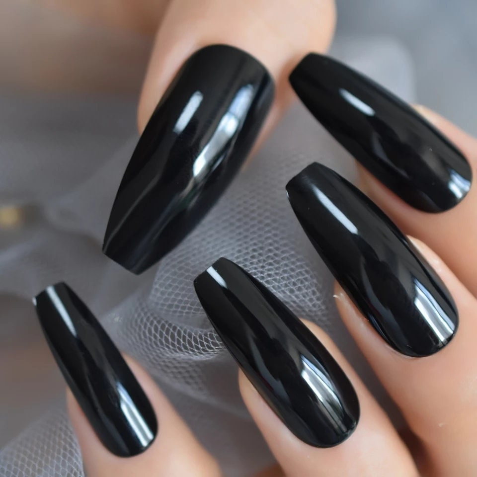 24 Glossy Black Extra Long Coffin Press on nails witchy goth alt pointed glue on