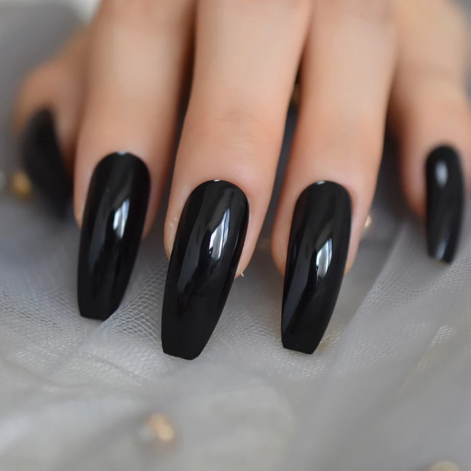 24 Glossy Black Extra Long Coffin Black Press on nails witchy goth alt pointed glue on