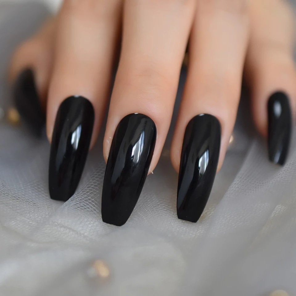 24 Glossy Long Coffin Black Press on nails witchy goth alt pointed glue on