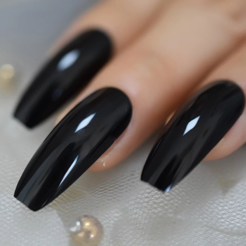 24 Glossy Long Coffin Black Press on nails witchy goth alt pointed glue on