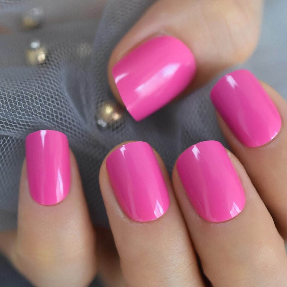 24 Bright Pink purple fuchia Summer gel Press on nails glue on shiny manicure neon 80s rave
