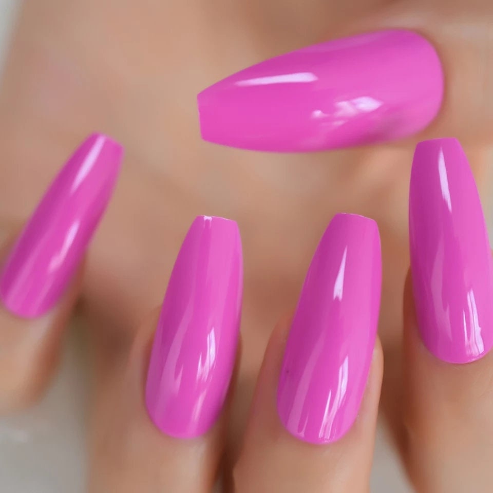 24 pcs Bright Pink Fuchsia neon Summer Long Press on nails glue on shiny manicure 80s rave
