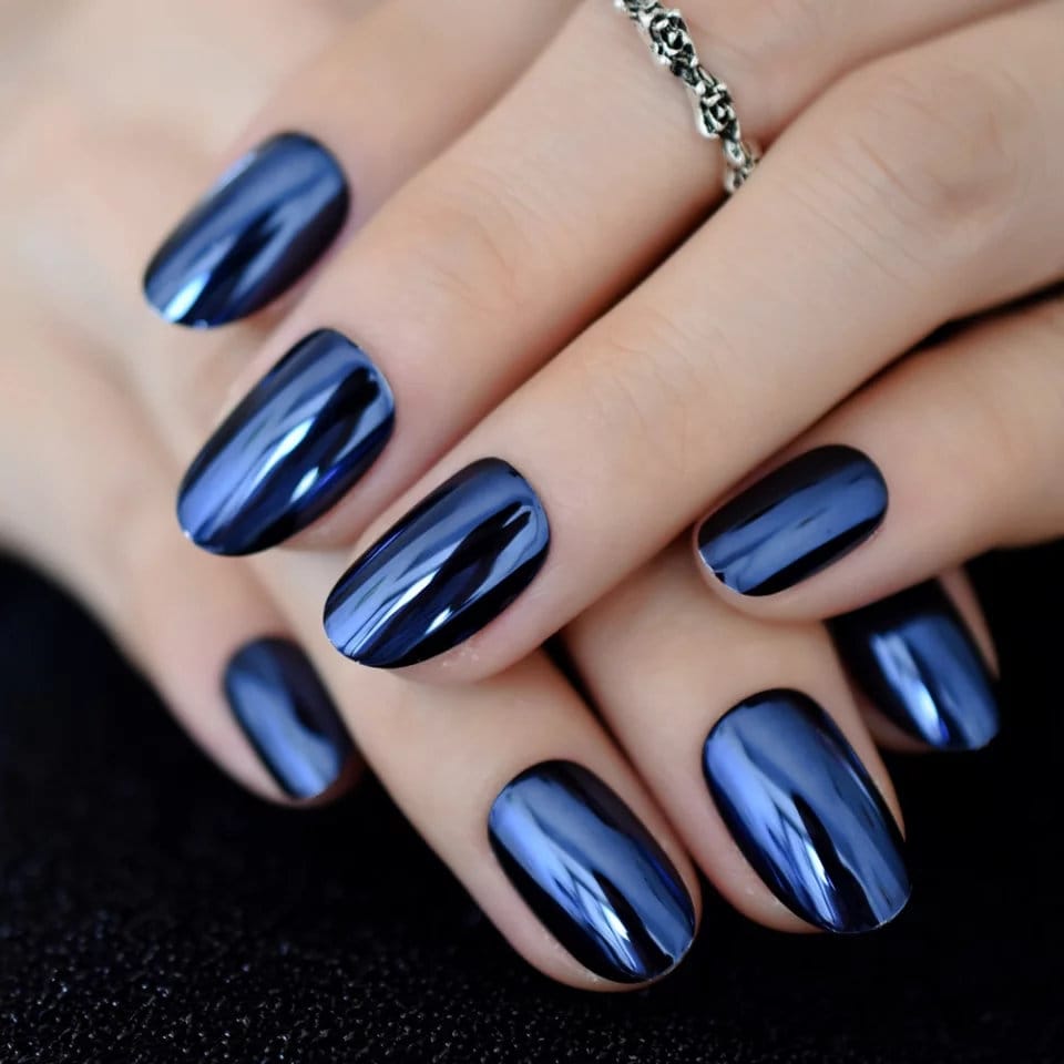 24 Deep Blue Chrome short Press on Nails Glue on Mirror shiny Dark metallic 