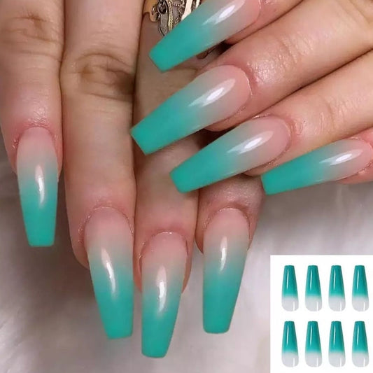 24 pcs Blue Teal Ombre Summer Long Press on nails glue on Coffin manicure