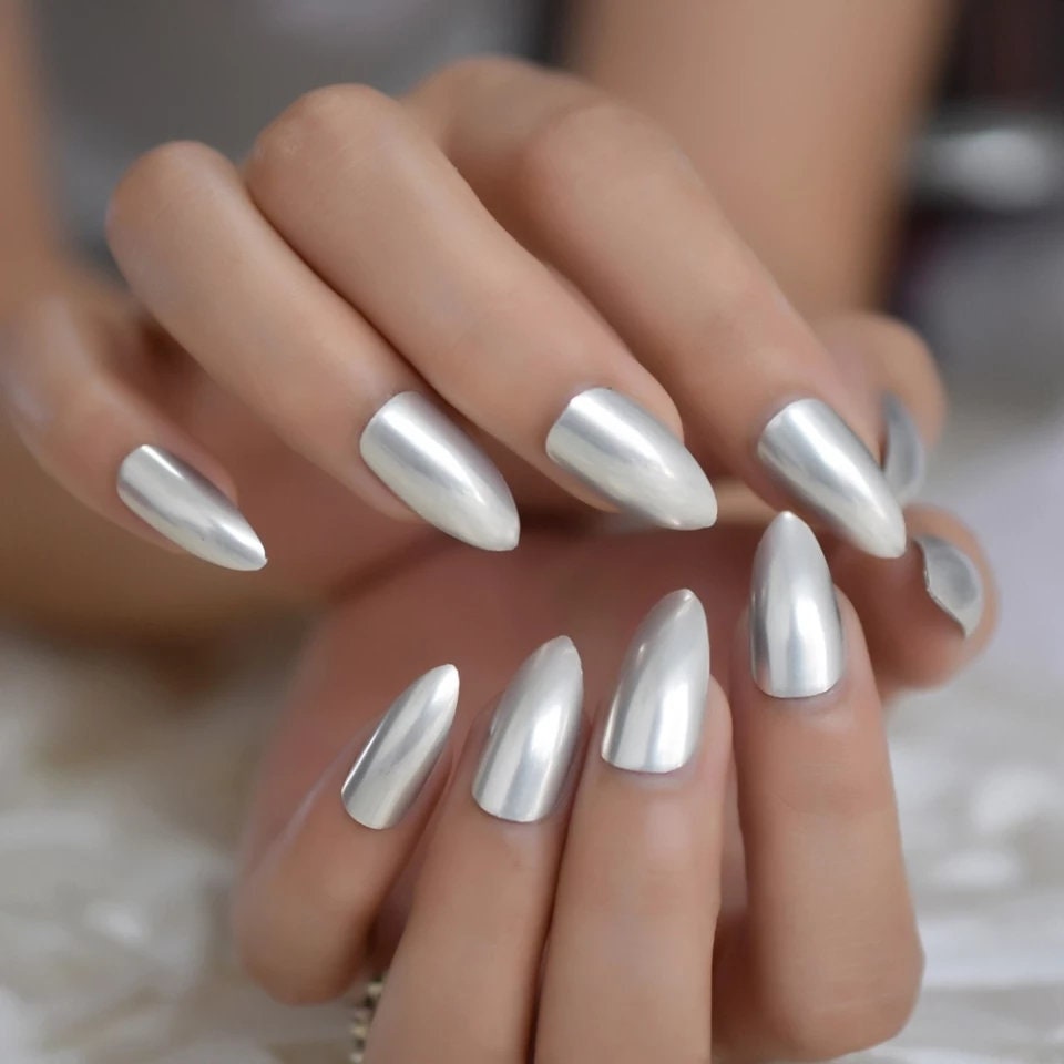 24 Medium Matte Silver Stiletto Kiss Press On Nails Glue on Mirror shiny metallic