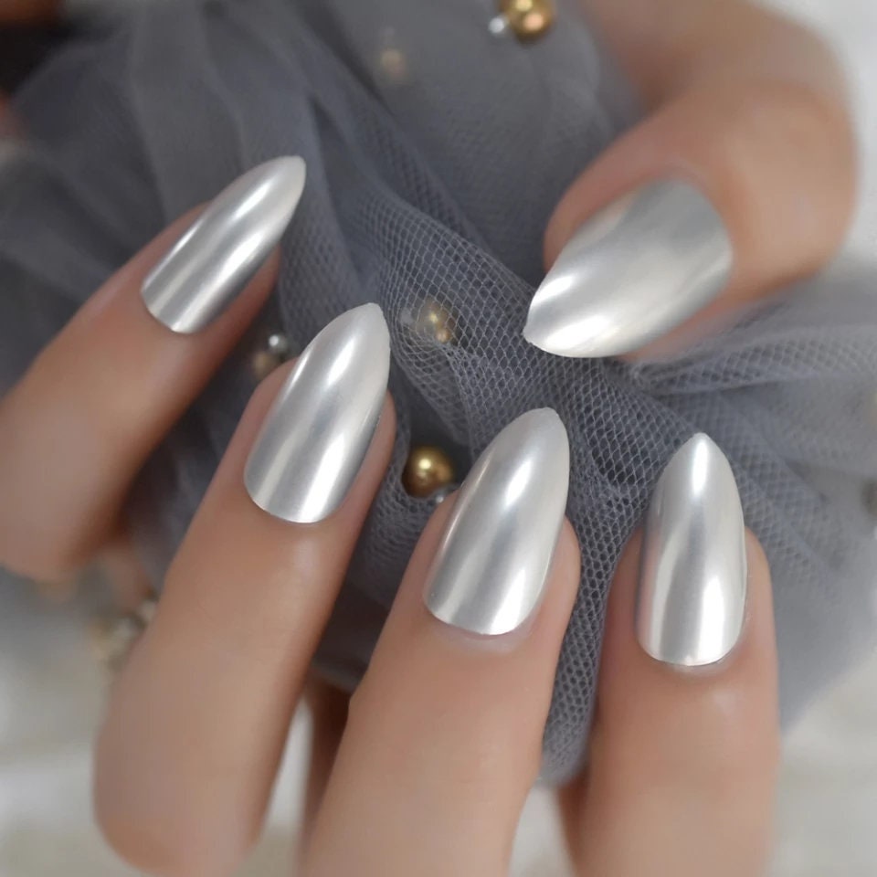 24 Medium Matte Silver Stiletto Kiss Press On Nails Glue on Mirror shiny metallic