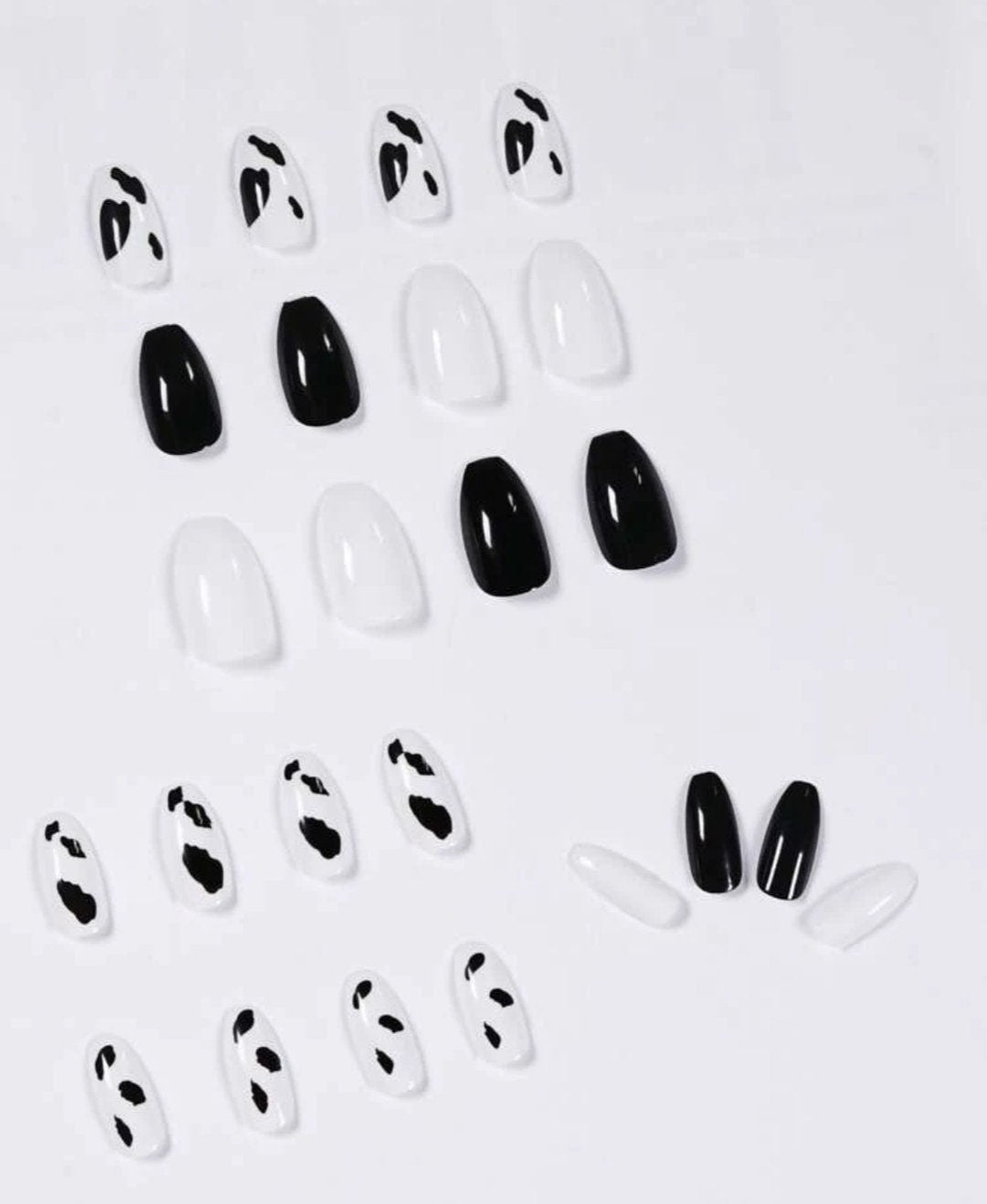 24 Cow Print Long Press on Nails Glue on black white medium coffin 24 nails kit