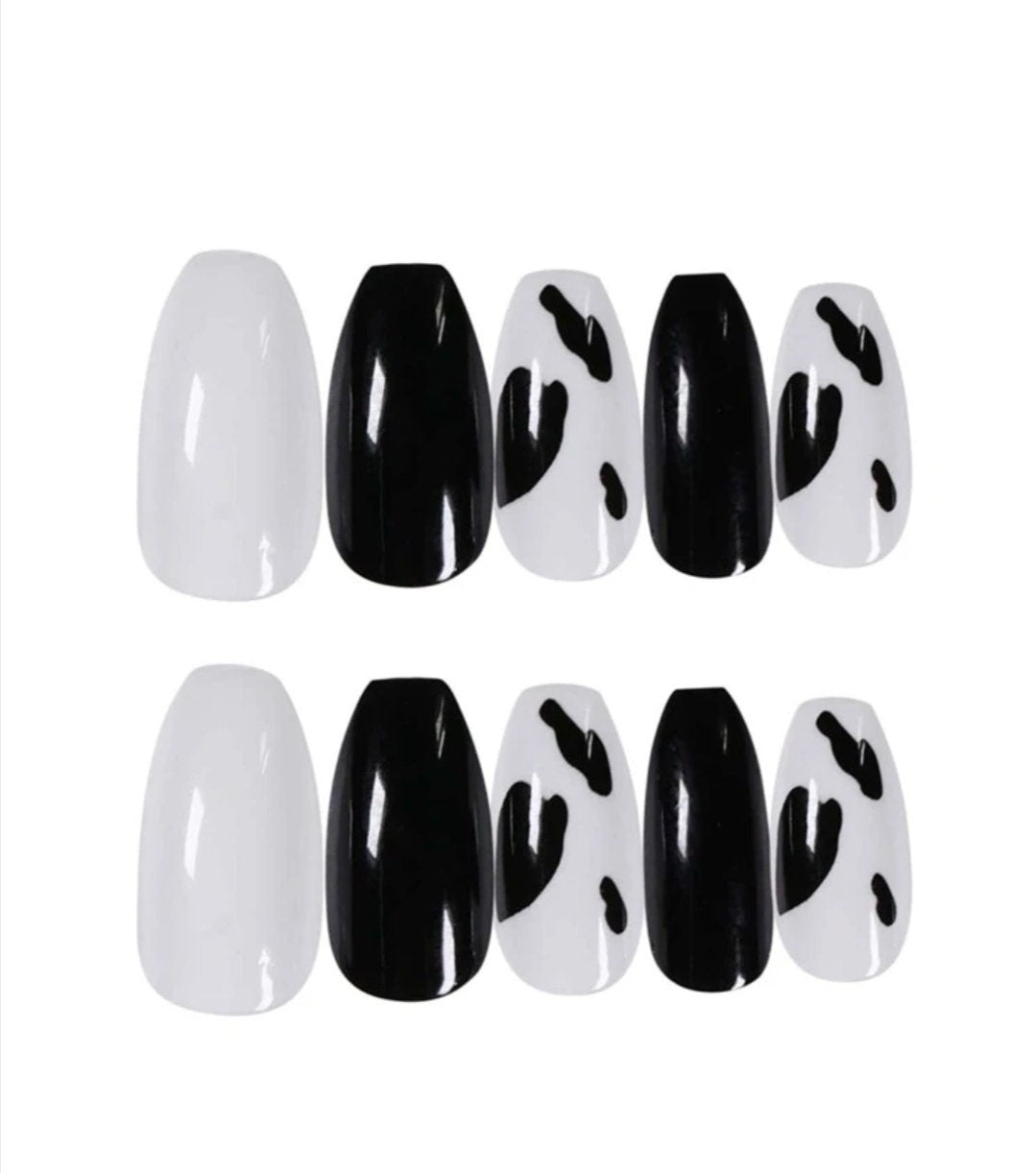 24 Cow Print Long Press on Nails Glue on black white medium coffin 24 nails kit