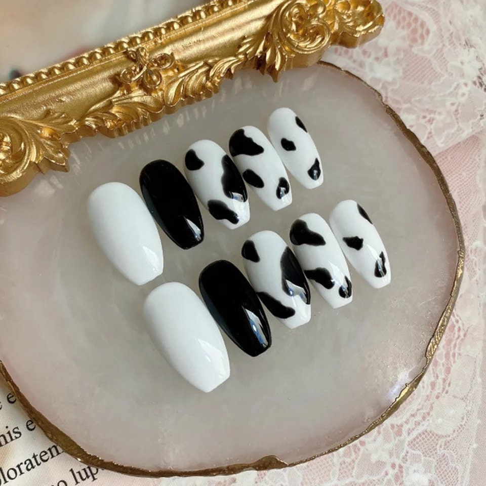 24 Cow Print Kiss Press on Nails Glue on black white medium coffin 24 nails kit