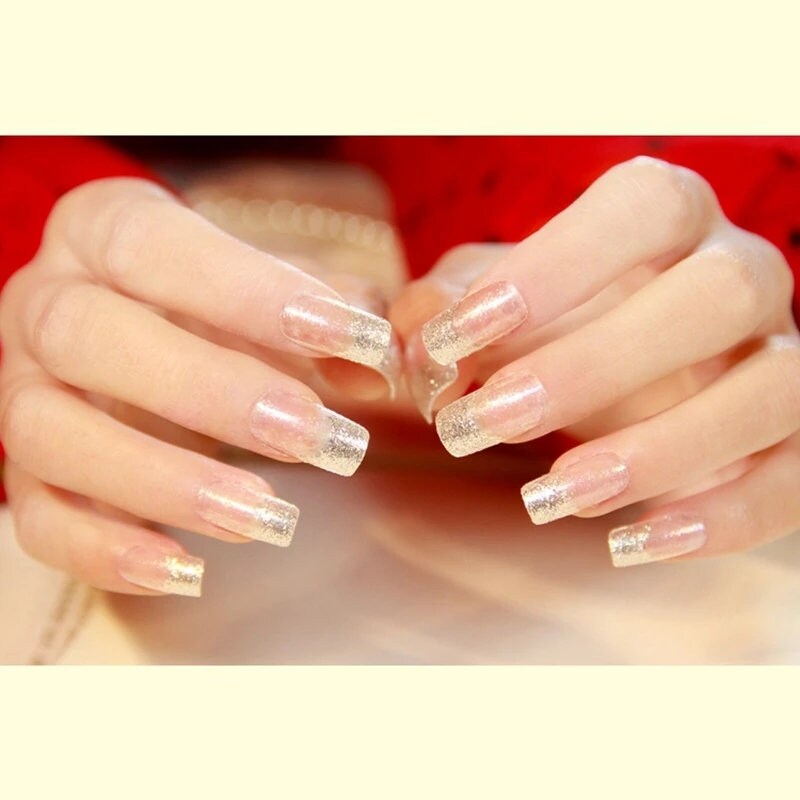 24 pcs Champagne Ombre French Glitter square Long Press On Nails kit glue on