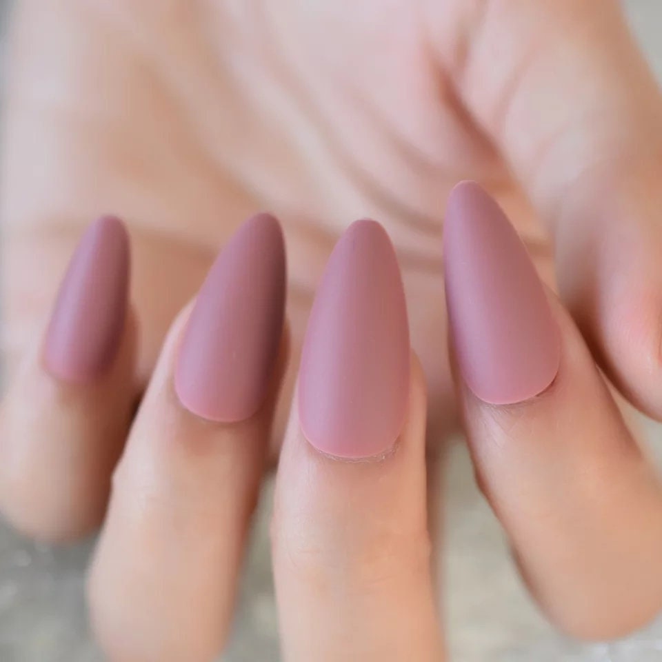 24 Matte mauve Pink Stiletto Press On Nails kit glue on long Pointed