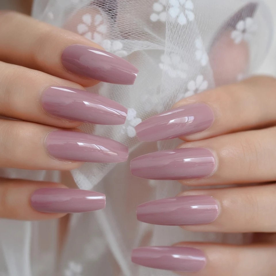 24 mauve Pink Glossy Coffin Long  Press on Nails kit glue on 