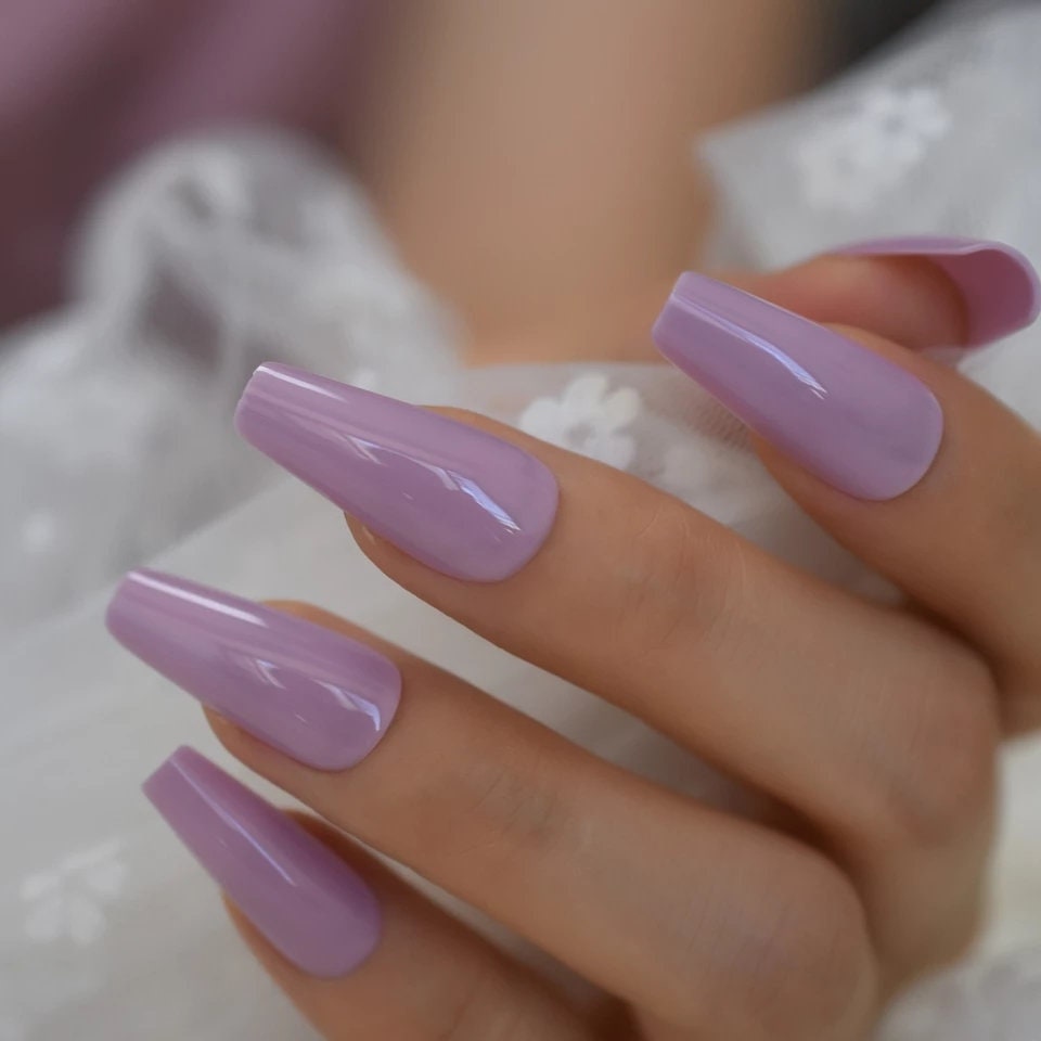 24 Light Purple Lavender Coffin long Press on nails glue on mauve