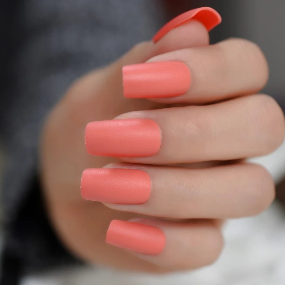 24 Matte Coral Peach Medium Square Kiss Press on Nails long pretty