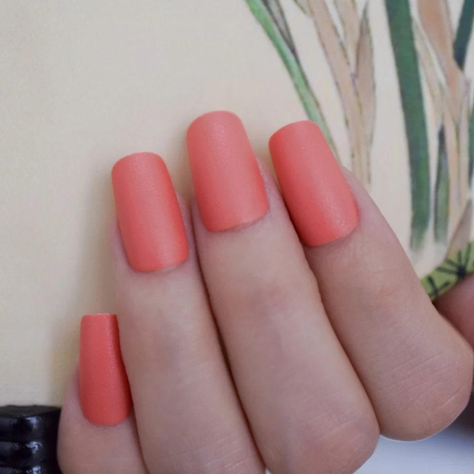 24 Matte Coral Peach Medium Square Press on Nails long pretty