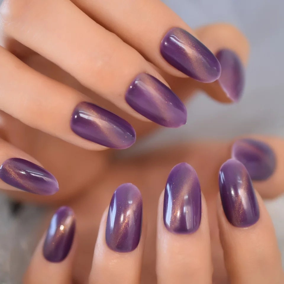 24 pcs Amethyst Purple Galaxy Cat Eye Gel Long Press On Nails Glossy medium goth alt pointed glue on magnet