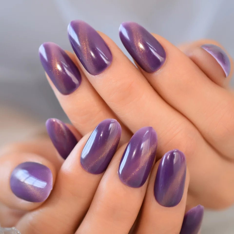 24 pcs Amethyst Purple Galaxy Cat Eye Gel Long Press On Nails Glossy medium goth alt pointed glue on magnet