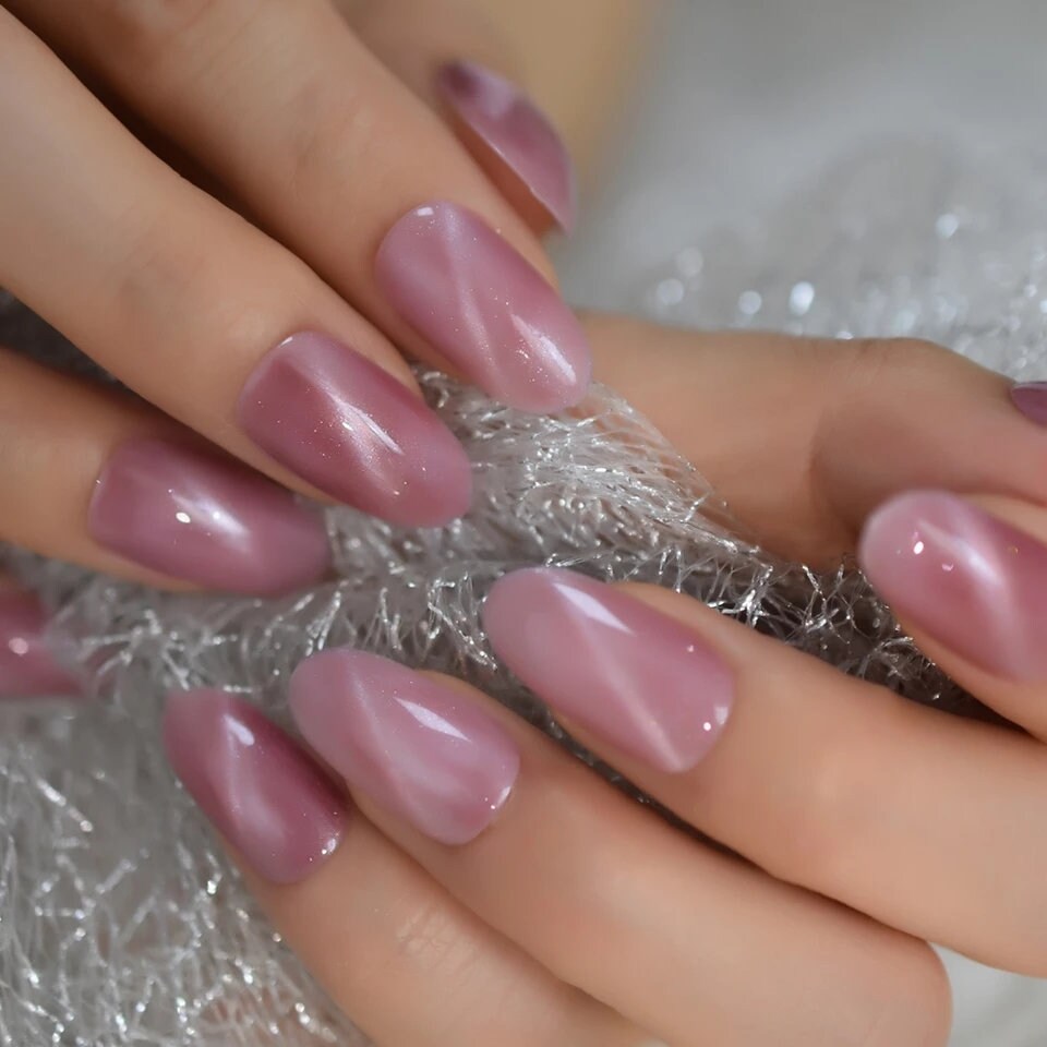 24 Rose Quartz Galaxy Cat Eye Gel Press On Nails Glossy medium Glinda the good witch glue on magnet Pink almond