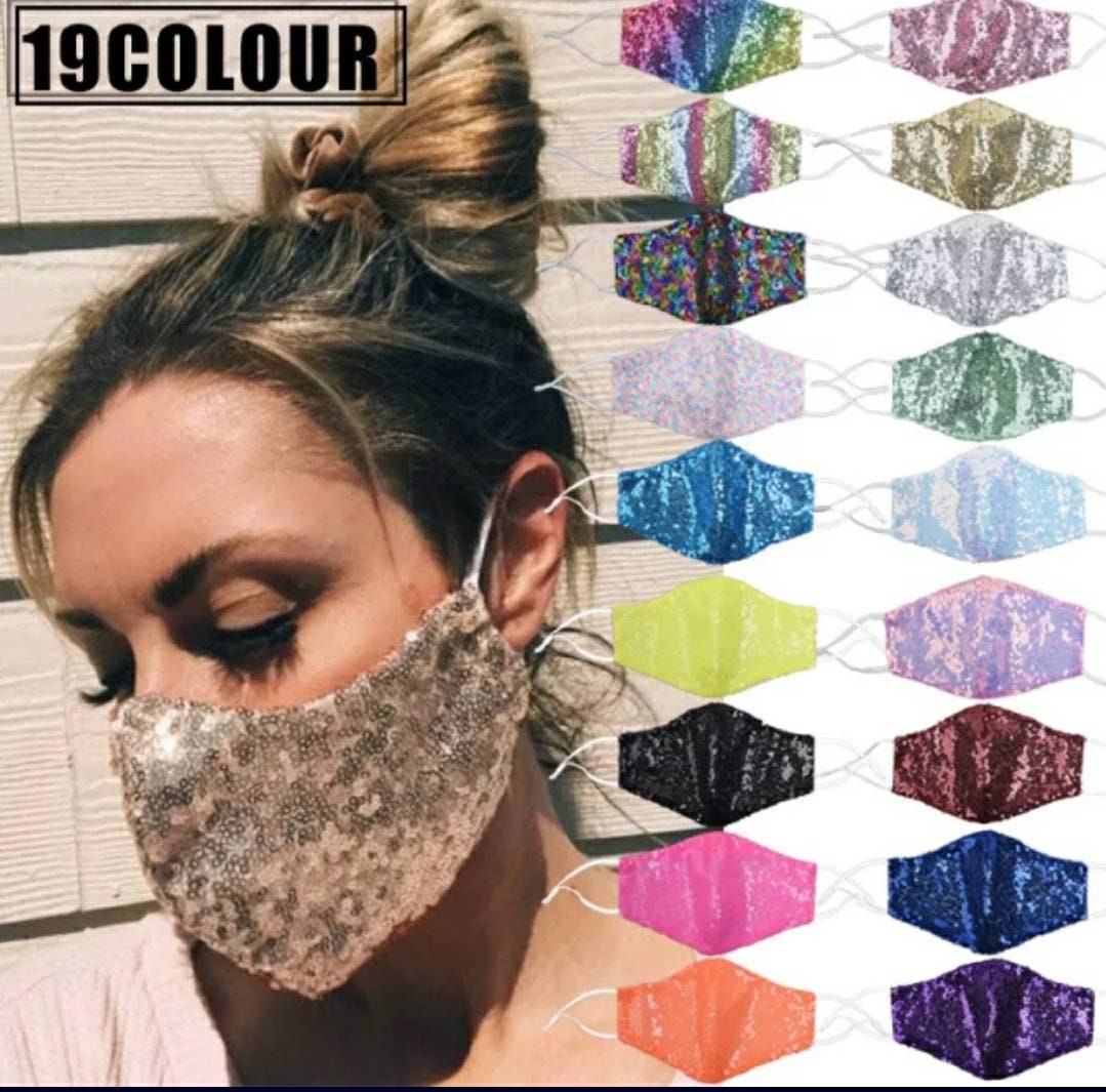 Glam Sequin masks cotton interior rose gold sparkly holographic rainbow multi color pale ombre black blue green red silver mask