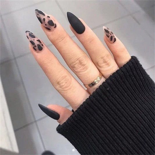 24 Matte Black Frosted Clear Cow Print Press On Nails Stiletto Glue on cute