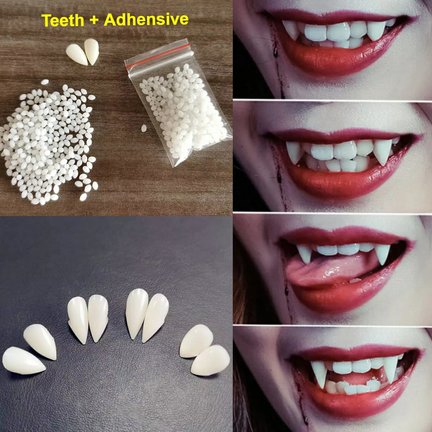 Reusable Pair Fangs Kit Free Custom Fit Mold Non Toxic Natural Looking Vampire Goth Halloween Cosplay teeth canine beast realistic