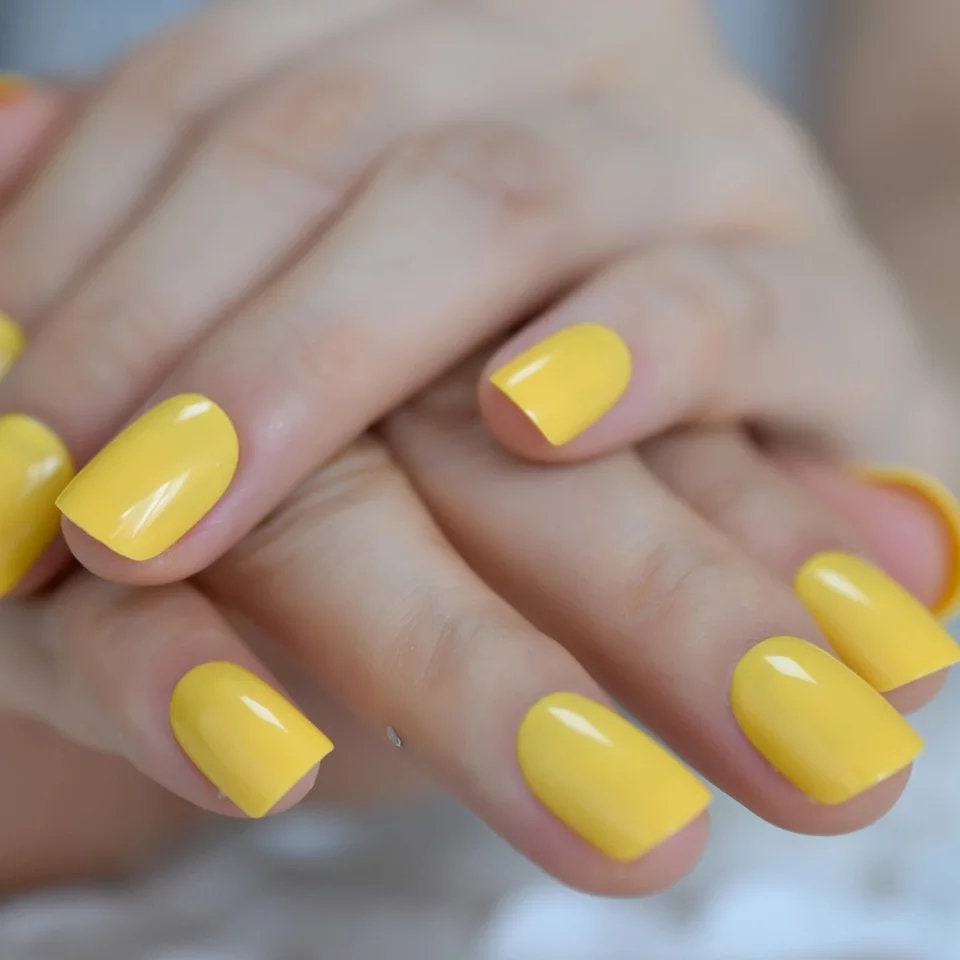 24 Short Sunny Yellow press on Nails Glue on glossy square bright cheery spring sunflower