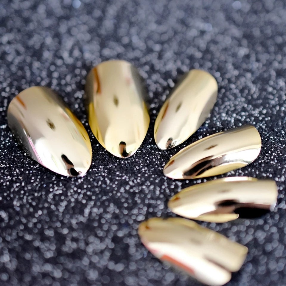 24 Gold Chrome Medium Almond Press on nails kit  Glue on Mirror shiny metallic oval point
