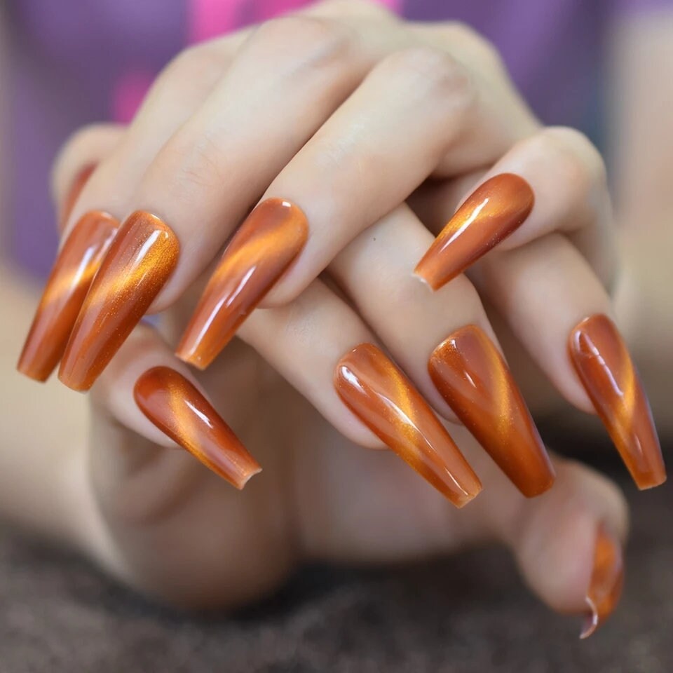 24 pcs Autumn Orange Galaxy Cat Eye Gel Kiss Press On Nails Glossy Thick acrylic glue on magnet burnt umber