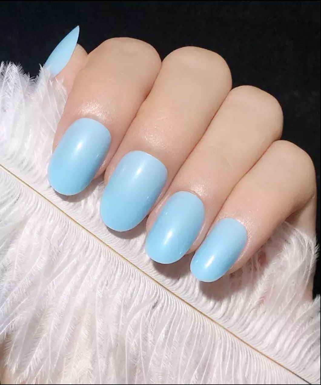 24 Oval Baby Blue Glue on short Almond Press on nails 