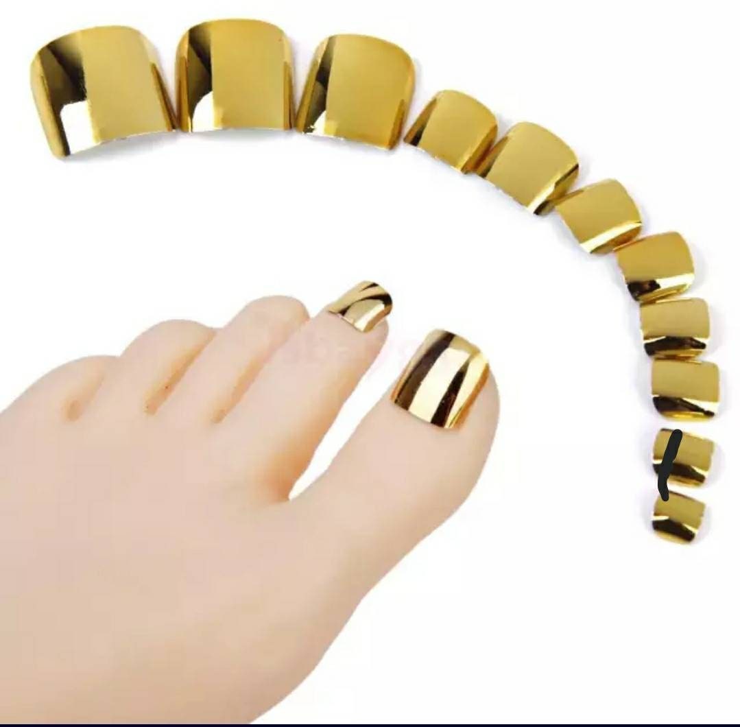 24 Short Gold Chrome Press On Nails Glue on Mirror shiny metallic Finger nails Toe Nails