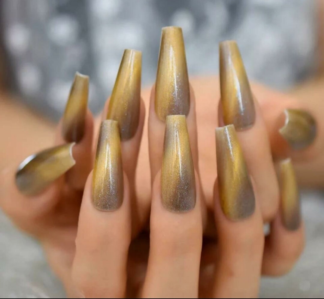 24 Unique Gray Gold Galaxy Cat Eye Gel Press On Nails Glossy Extra Long Coffin goth alt glue on magnet