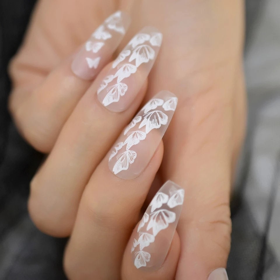 24 Matte Clear White Butterfly Extra Long Press-on nails Coffin glue on