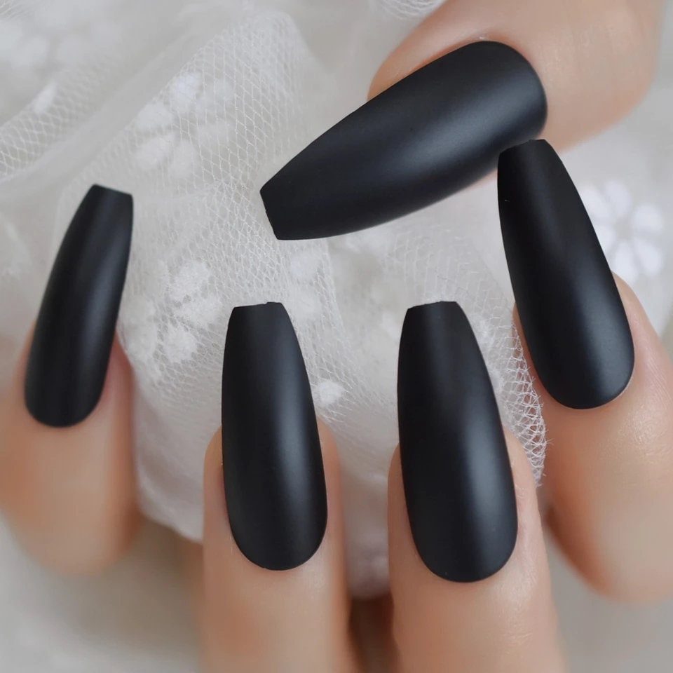 24 Matte Black Extra Long Coffin Press on nails witchy goth alt glue on